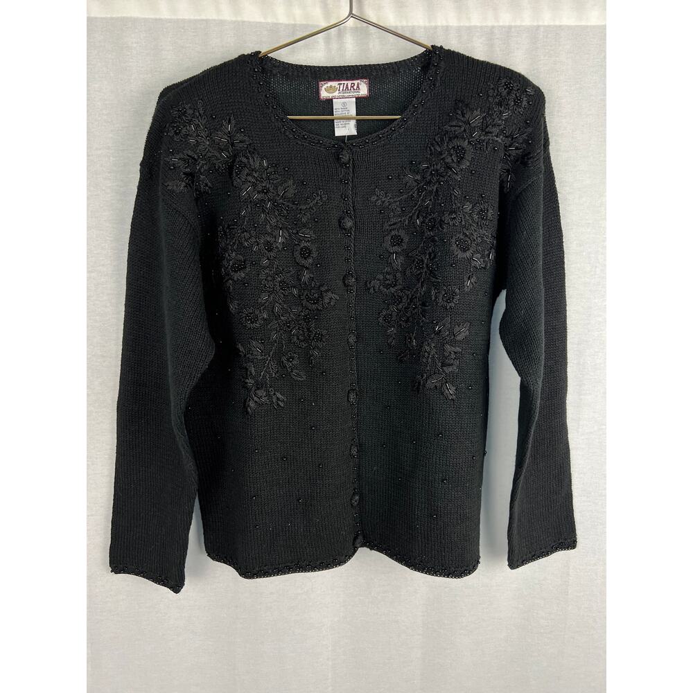 ⭐️ NWT Vintage Tiara Sweater Black Embroidered Floral Cardigan Granny Cottage